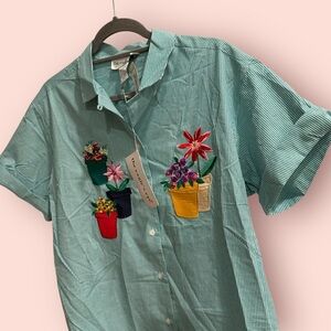 NWT Deadstock Vintage 90s The Eagle’s Eye Floral Appliqué Gingham Button Down